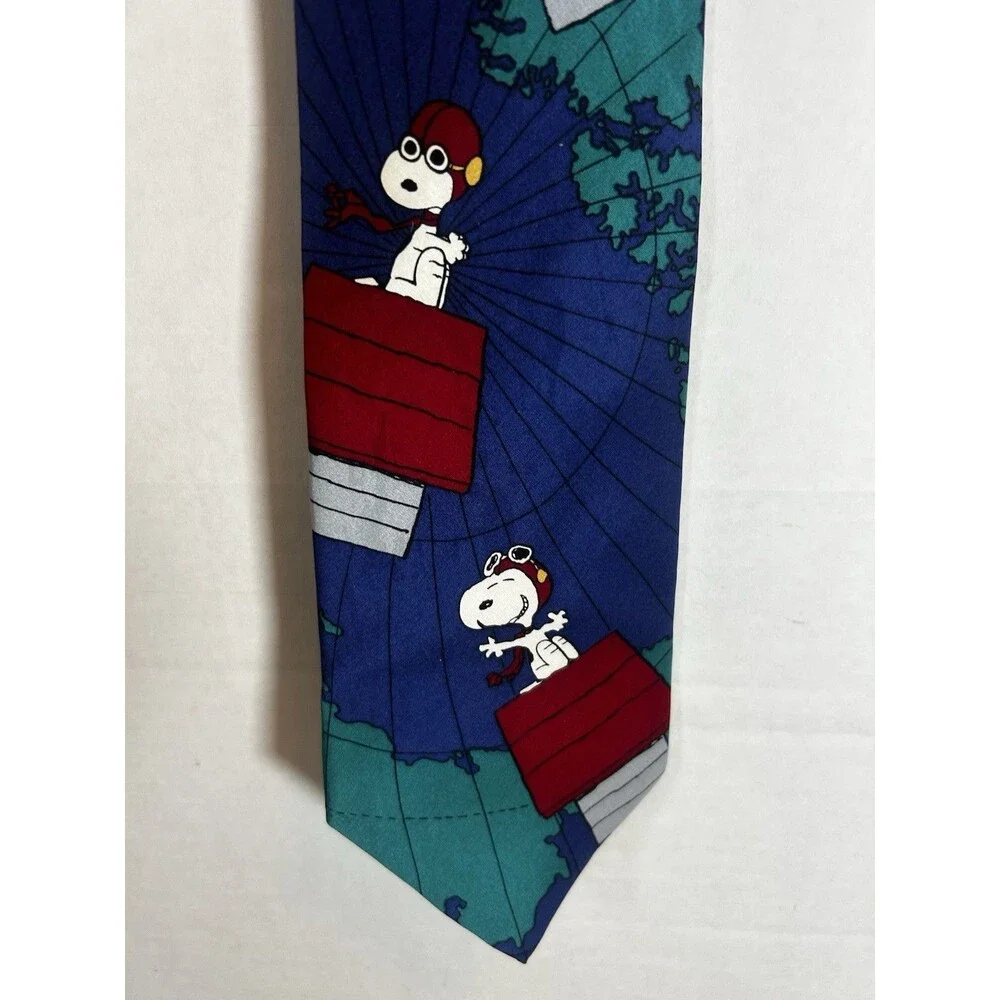 Peanuts Snoopy Flying Ace Red Baron Blue Novelty Silk Tie Mens Vintage Necktie